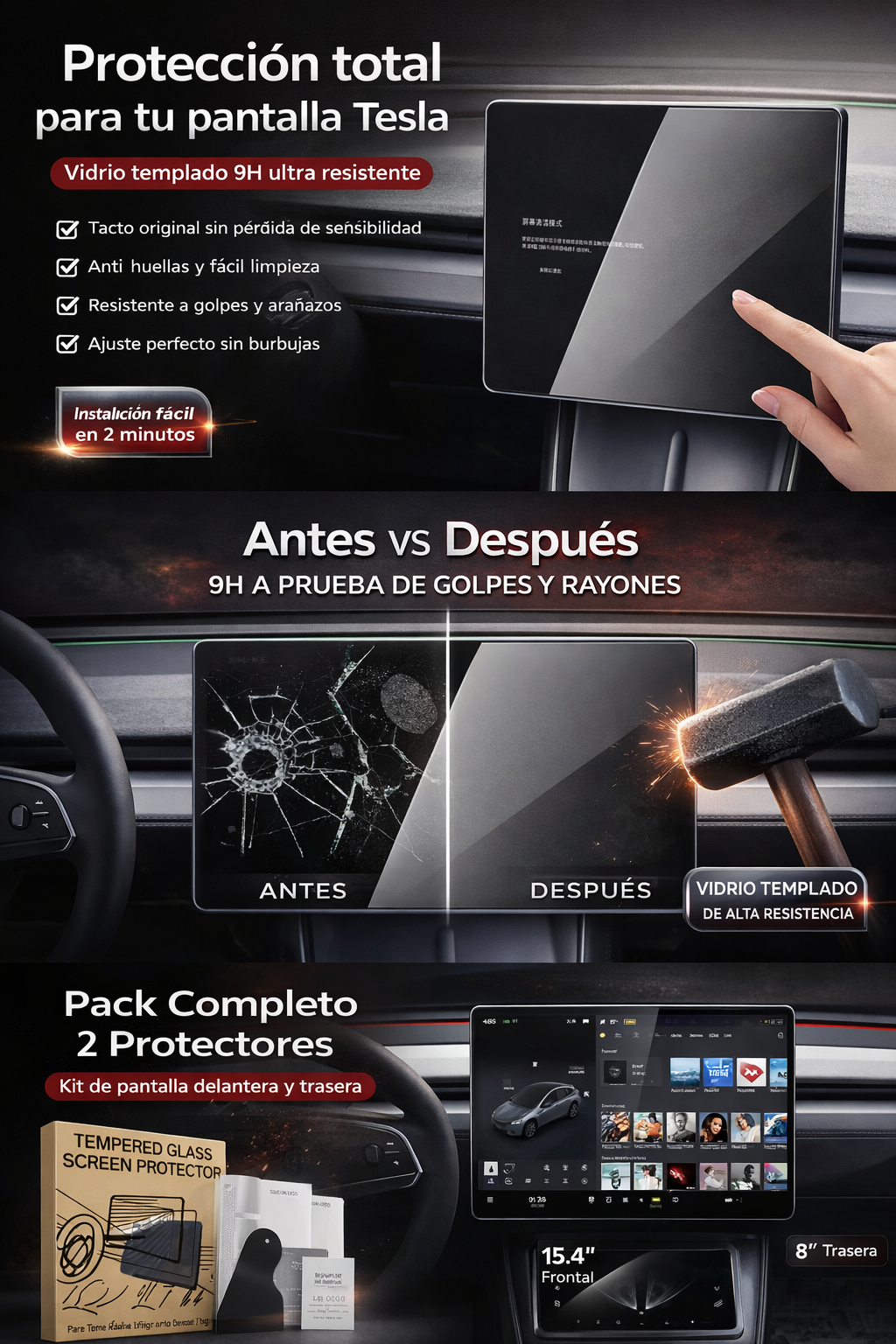 Protector de Pantalla Tesla Model 3 Highland & Model Y Juniper 2024-2026 | Cristal Templado HD Antiarañazos